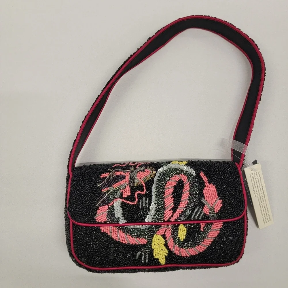 NWT Viral Tik Tok Snake Dragon Hand Beaded Black Shoulder Bag Made In India